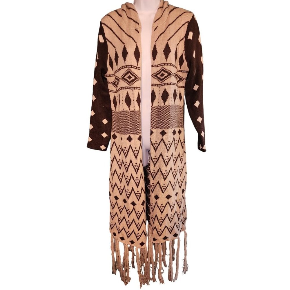 Selfie Couture by Trendology Hooded Sweater Duster with Design & Fringe S/M RARE